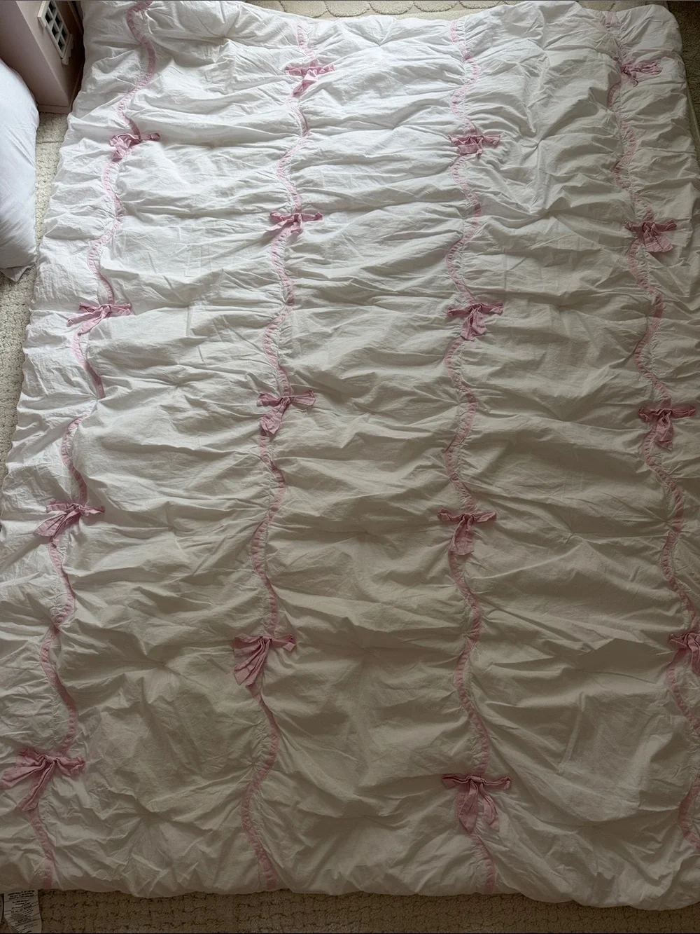 Pottery Barn Kids White comforter with Pink Stripe Ribbon Bows